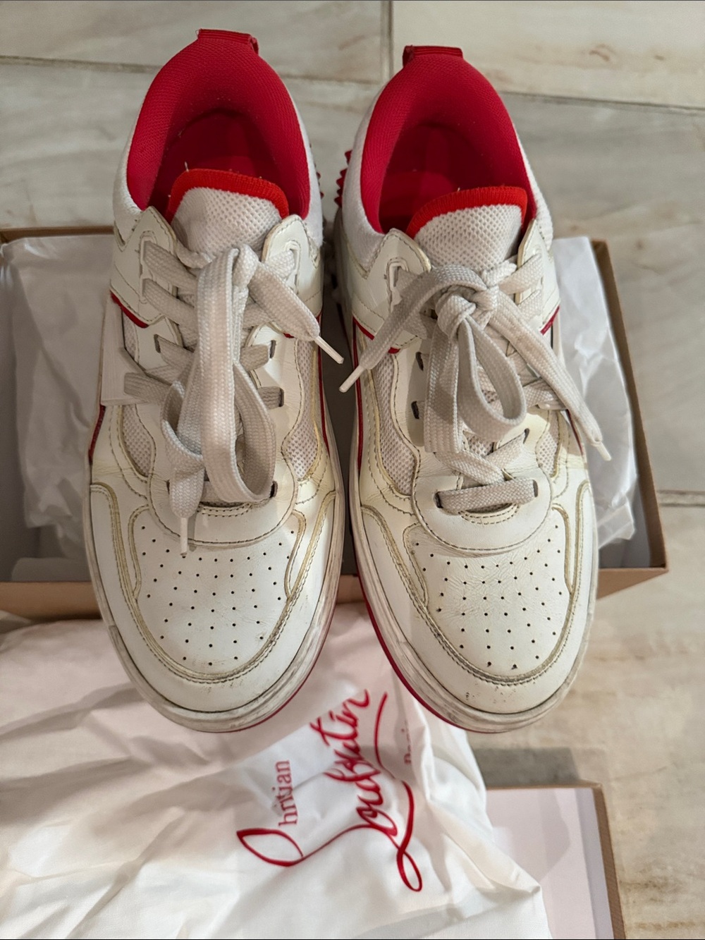 Christian Louboutin Women’s White & Red Low-Top Leather Sneakers